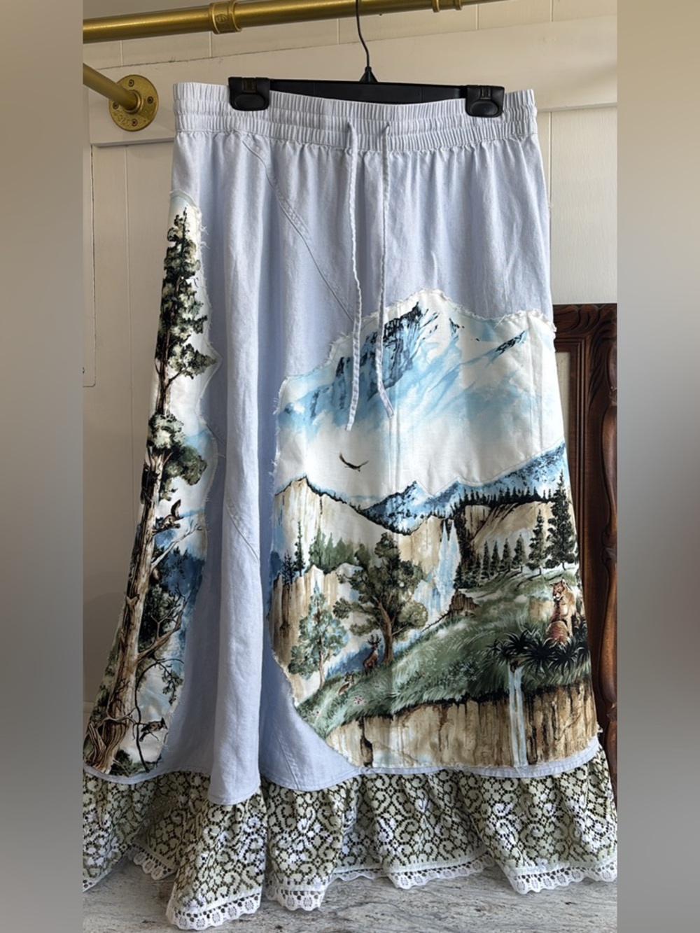 Art to Wear Maxi Skirt size Medium / Large Linen Blend Scenic Print Cottagecore